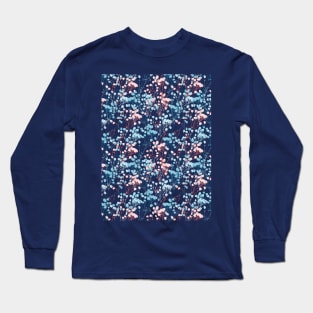 Spring Pink and Blue Floral Plant Pattern Long Sleeve T-Shirt